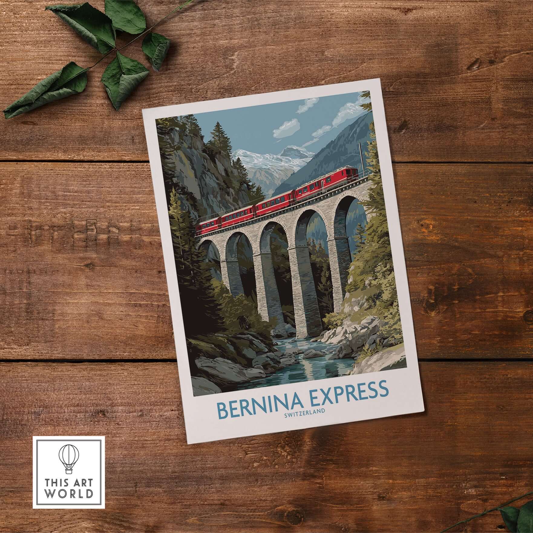 Bernina Express Switzerland Art Print | Landwasser Bridge Poster showcasing a train crossing a stone viaduct in a scenic landscape.