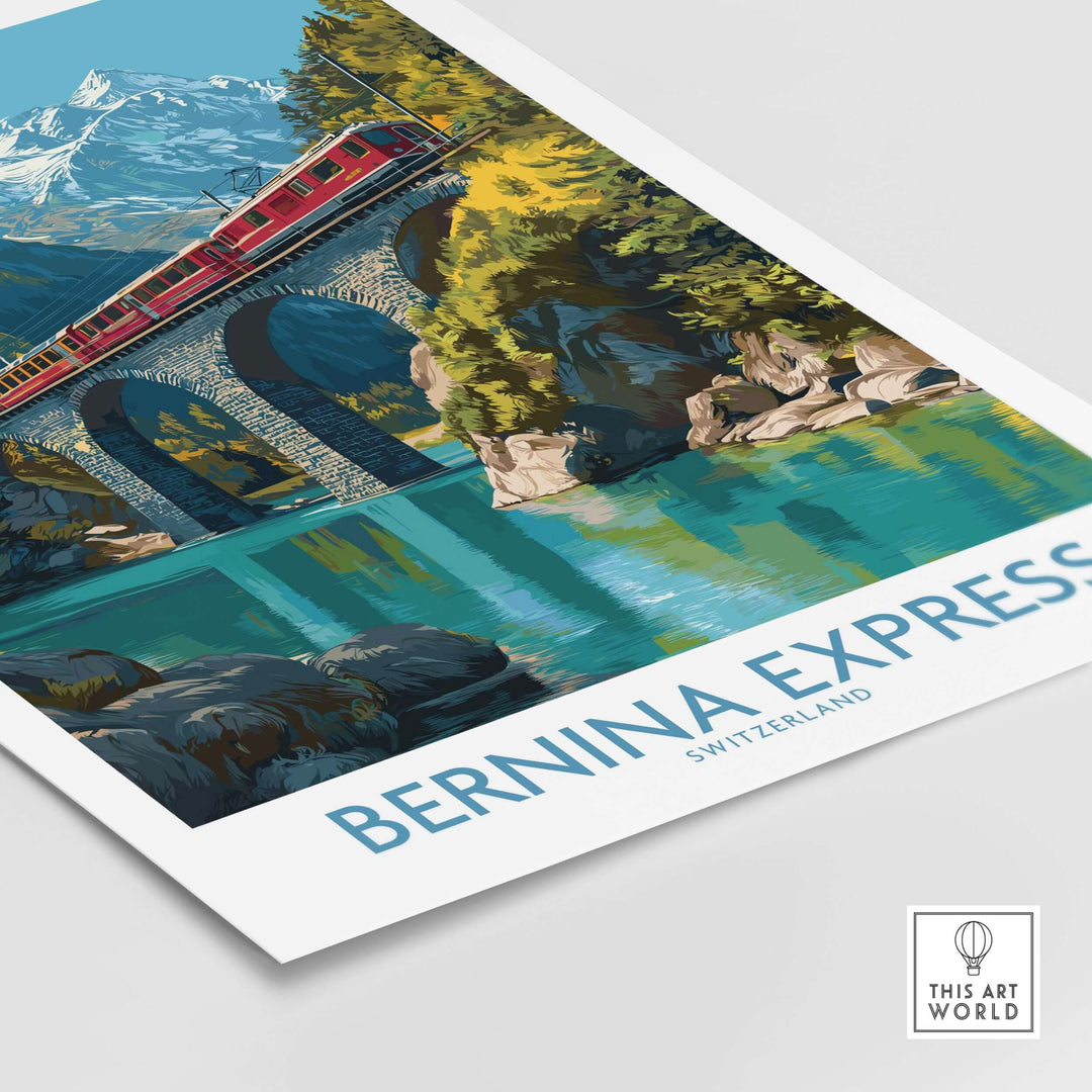 Bernina Express Switzerland Glacier Train Art Print | Brusio Viaduct Poster showcasing the scenic train and landscape.