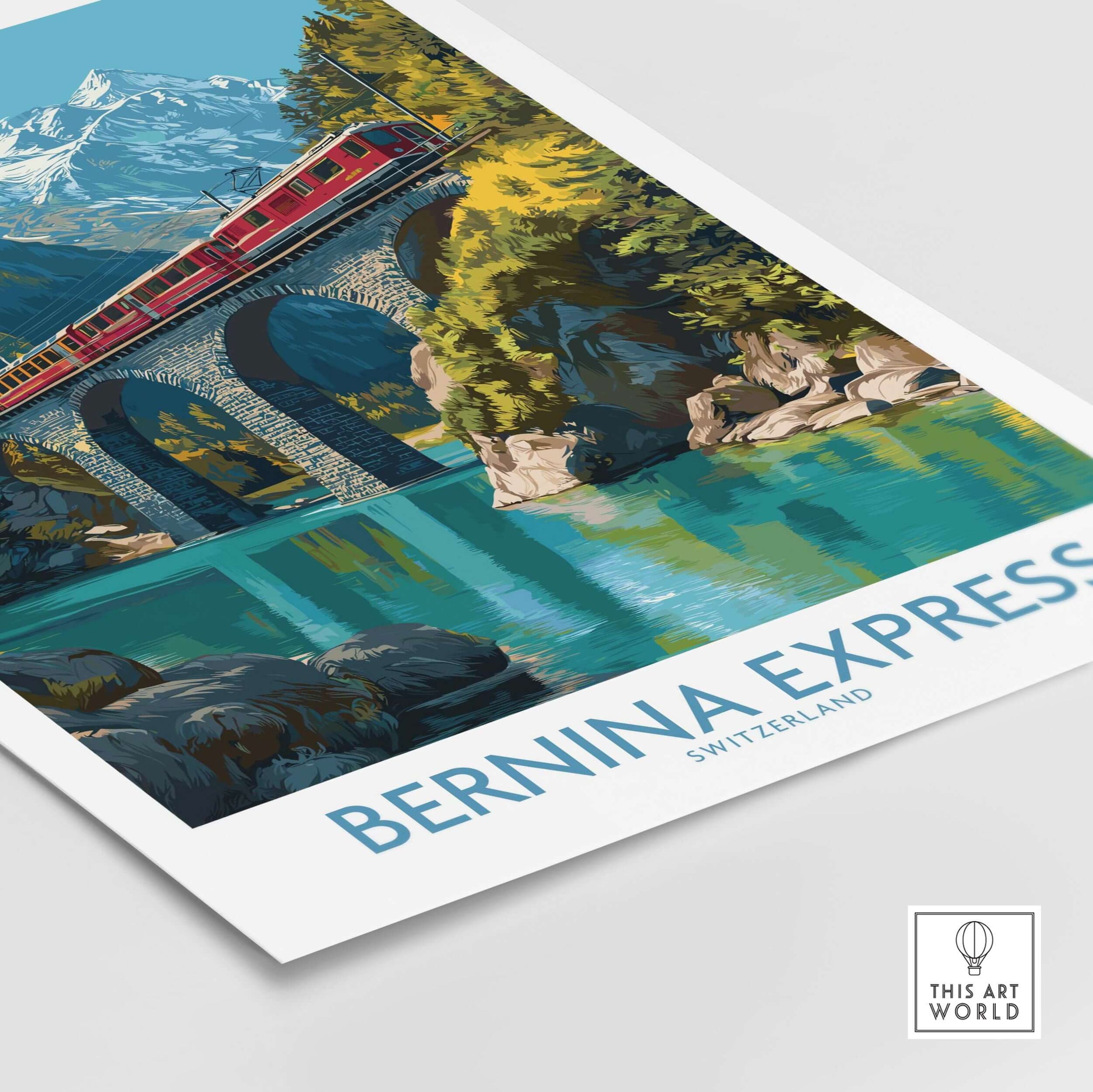 Bernina Express Switzerland Glacier Train Art Print | Brusio Viaduct Poster featuring a vivid train crossing a stunning viaduct.
