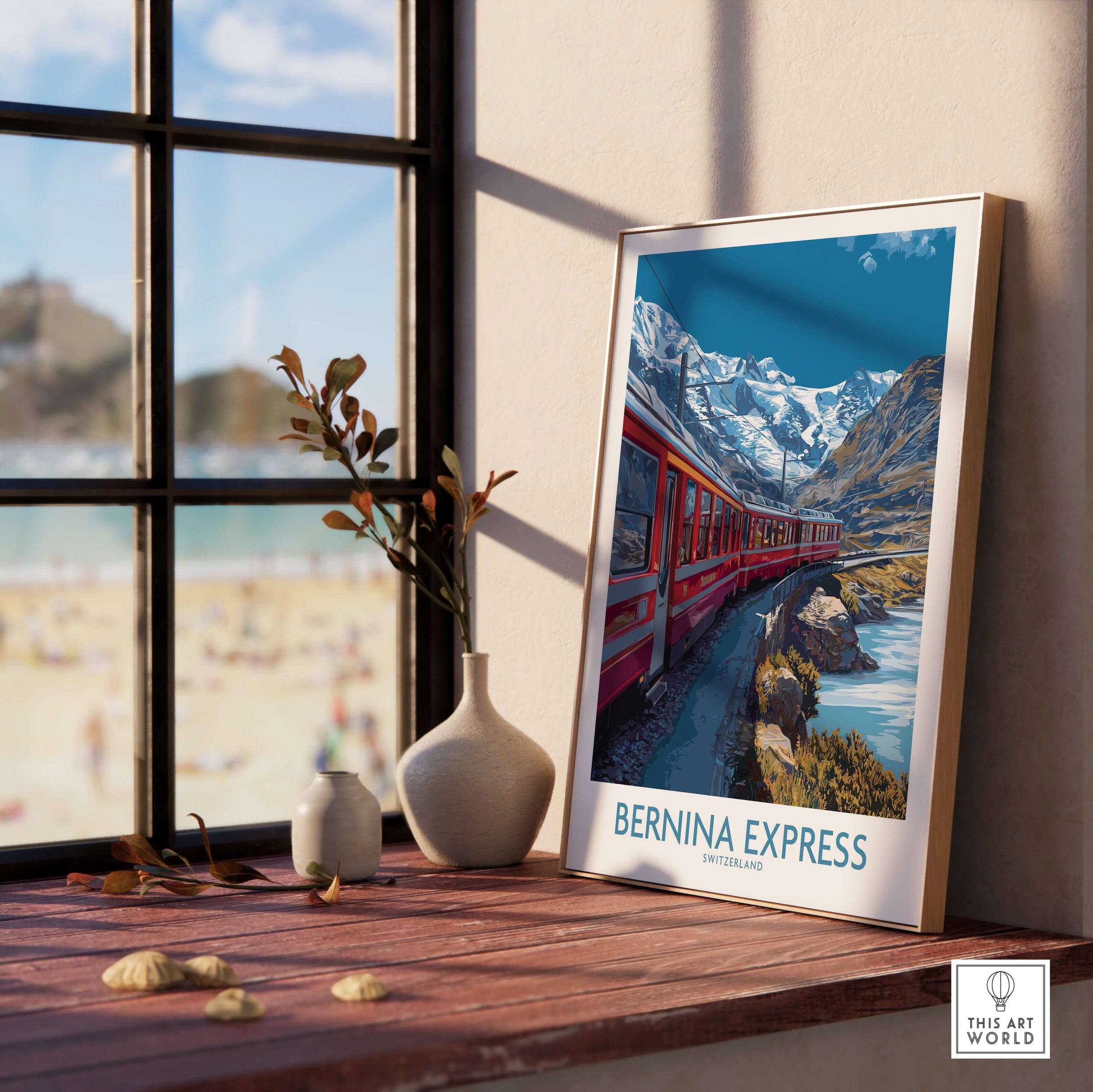 Bernina Express Print Switzerland Glacier Train Art | Scenic Mountain Railway Poster displayed in a sunlit room.