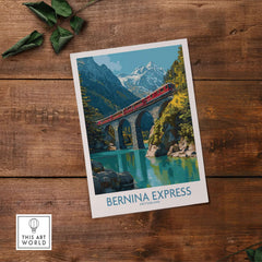 Bernina Express Switzerland Glacier Train Art Print | Brusio Viaduct Poster showcasing the iconic train over a picturesque alpine scenery.