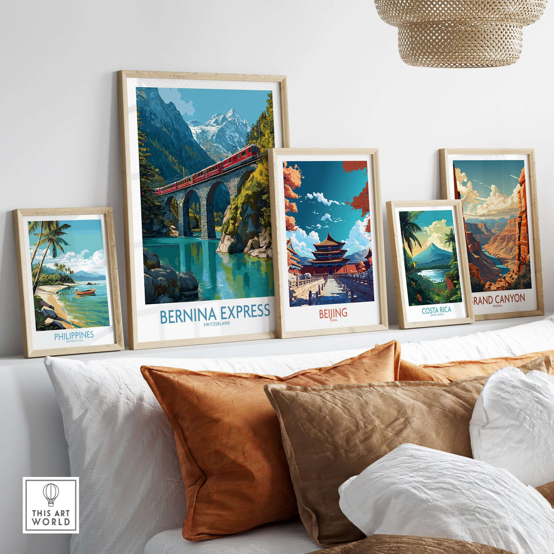 Bernina Express Switzerland Glacier Train Art Print | Brusio Viaduct Poster displayed on a shelf with other art prints.