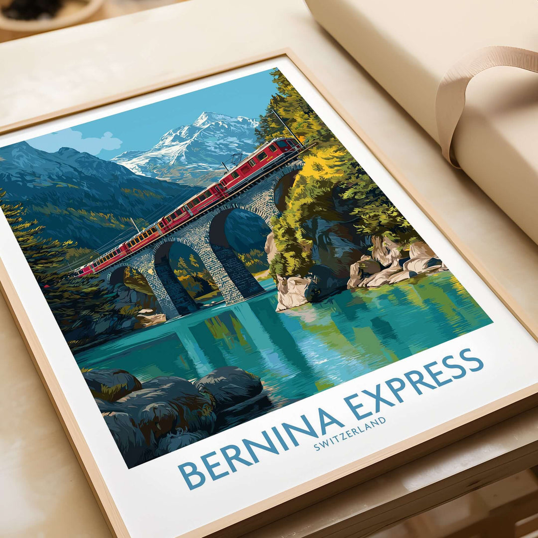 Bernina Express Switzerland Glacier Train Art Print | Brusio Viaduct Poster featuring red train on scenic bridge.