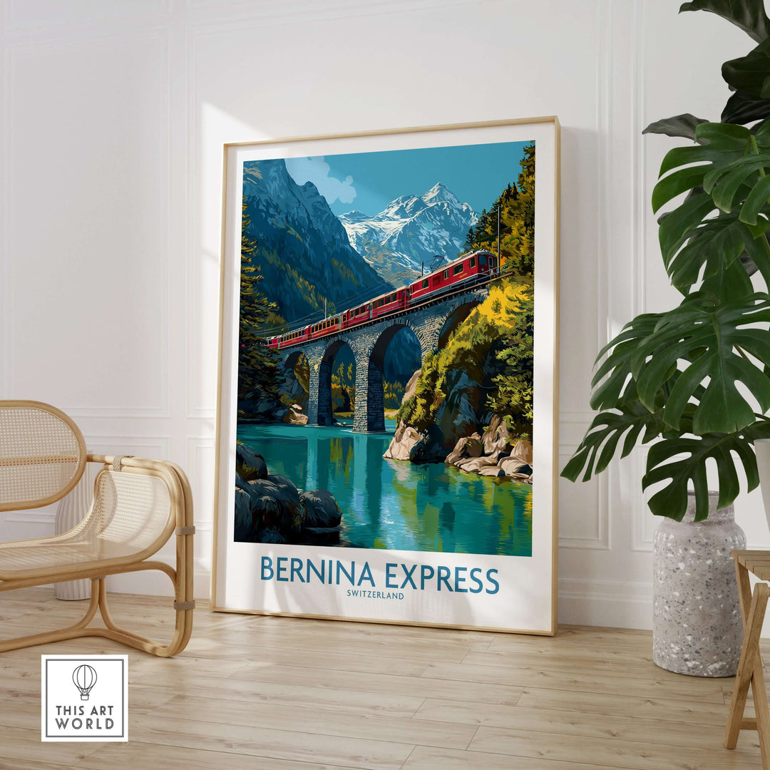Bernina Express Switzerland Glacier Train Art Print | Brusio Viaduct Poster featuring scenic Swiss landscape.