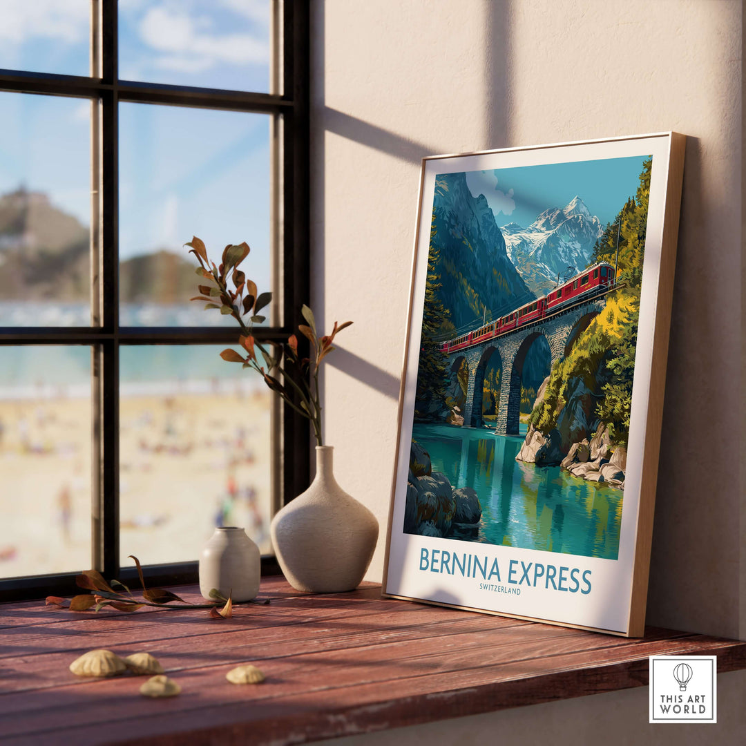 Bernina Express Switzerland Glacier Train Art Print | Brusio Viaduct Poster displayed on a table near a window.