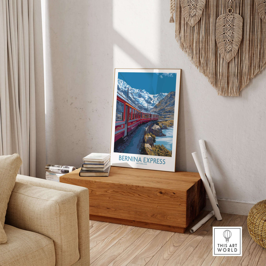 Bernina Express Print Switzerland Glacier Train Art | Scenic Mountain Railway Poster displayed in a cozy living room setting.