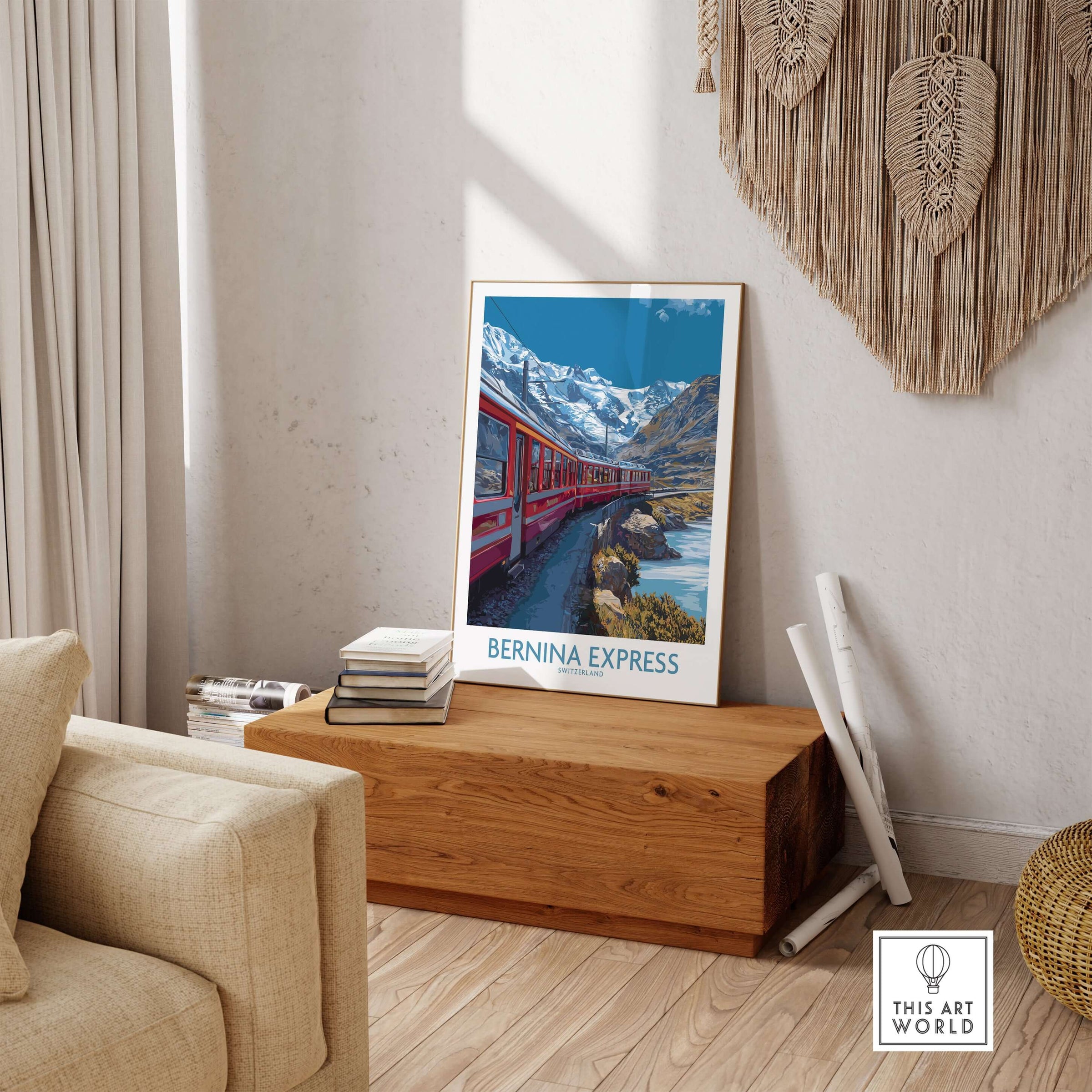 Bernina Express Print Switzerland Glacier Train Art | Scenic Mountain Railway Poster displayed in a cozy living room.