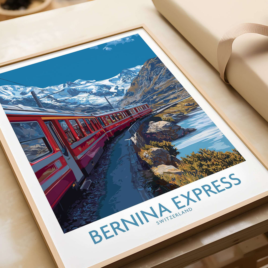 Bernina Express Print Switzerland Glacier Train Art | Scenic Mountain Railway Poster featuring a red train through Swiss mountains.