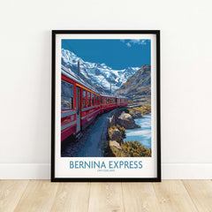 Bernina Express Print Switzerland Glacier Train Art | Scenic Mountain Railway Poster with red train and Swiss mountains