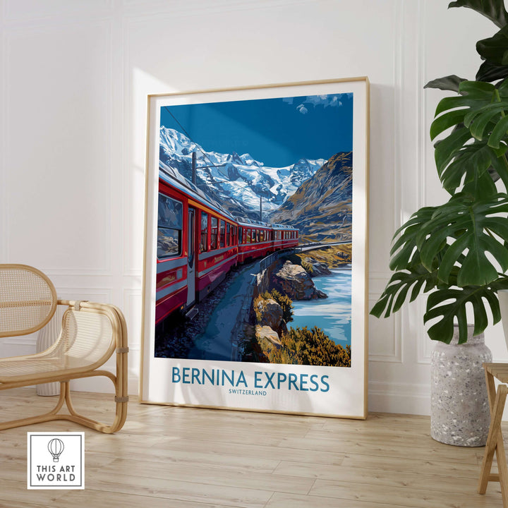 Bernina Express Print Switzerland Glacier Train Art | Scenic Mountain Railway Poster in a stylish interior setting.