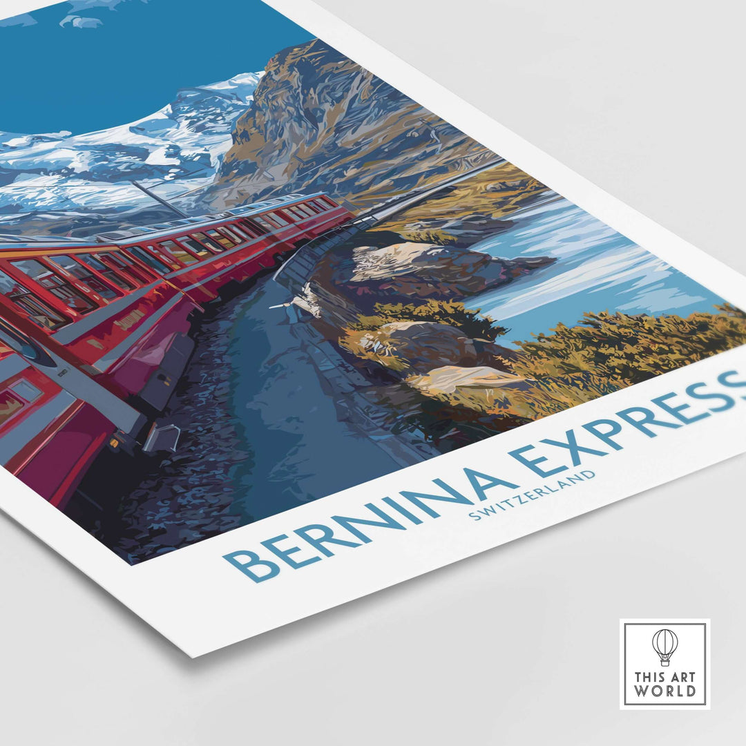 Bernina Express Print Switzerland Glacier Train Art | Scenic Mountain Railway Poster featuring iconic Swiss landscapes.
