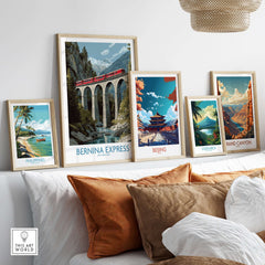 Bernina Express Switzerland Art Print | Landwasser Bridge Poster displayed among other travel art prints on a cozy couch.