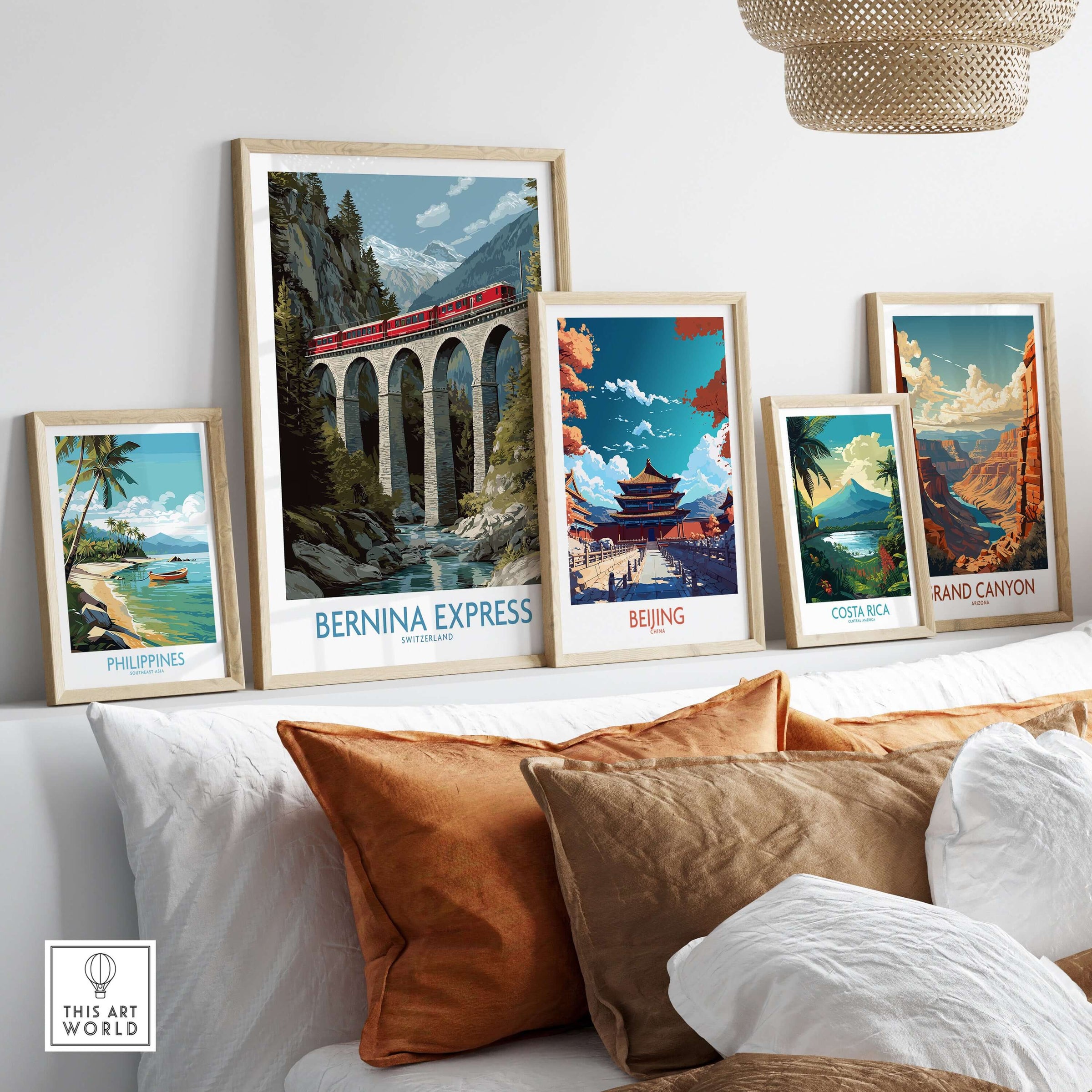 Bernina Express Switzerland Art Print | Landwasser Bridge Poster displayed among other travel art prints on a cozy couch.