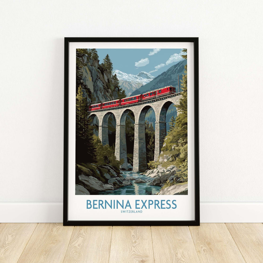 Bernina Express Switzerland Art Print | Landwasser Bridge Poster featuring a red train crossing a stone viaduct in the Alps.