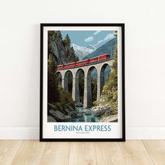 Bernina Express Switzerland Art Print | Landwasser Bridge Poster featuring a train on a stone viaduct in the Swiss Alps.