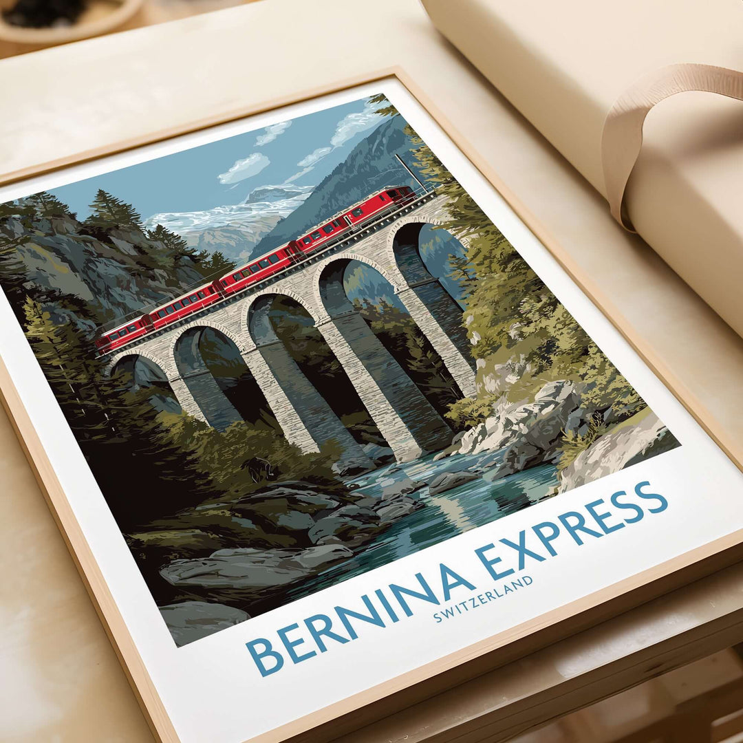Bernina Express Switzerland Art Print | Landwasser Bridge Poster depicting train on stone viaduct in alpine scenery.