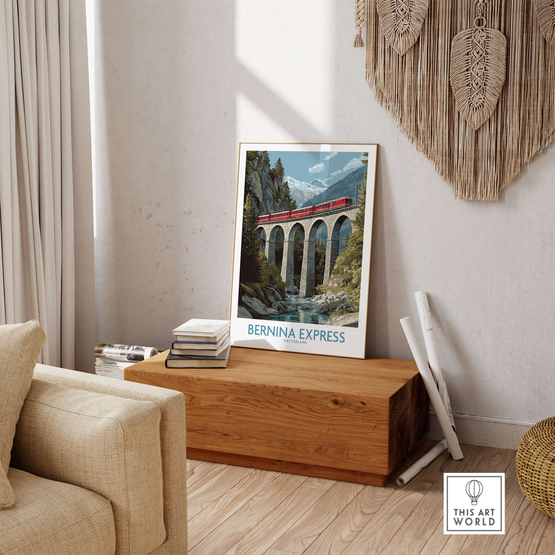 Bernina Express Switzerland Art Print | Landwasser Bridge Poster displayed in a cozy living room setting with natural decor.