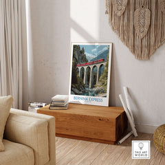 Bernina Express Switzerland Art Print | Landwasser Bridge Poster displayed in a modern living room with wooden furniture.