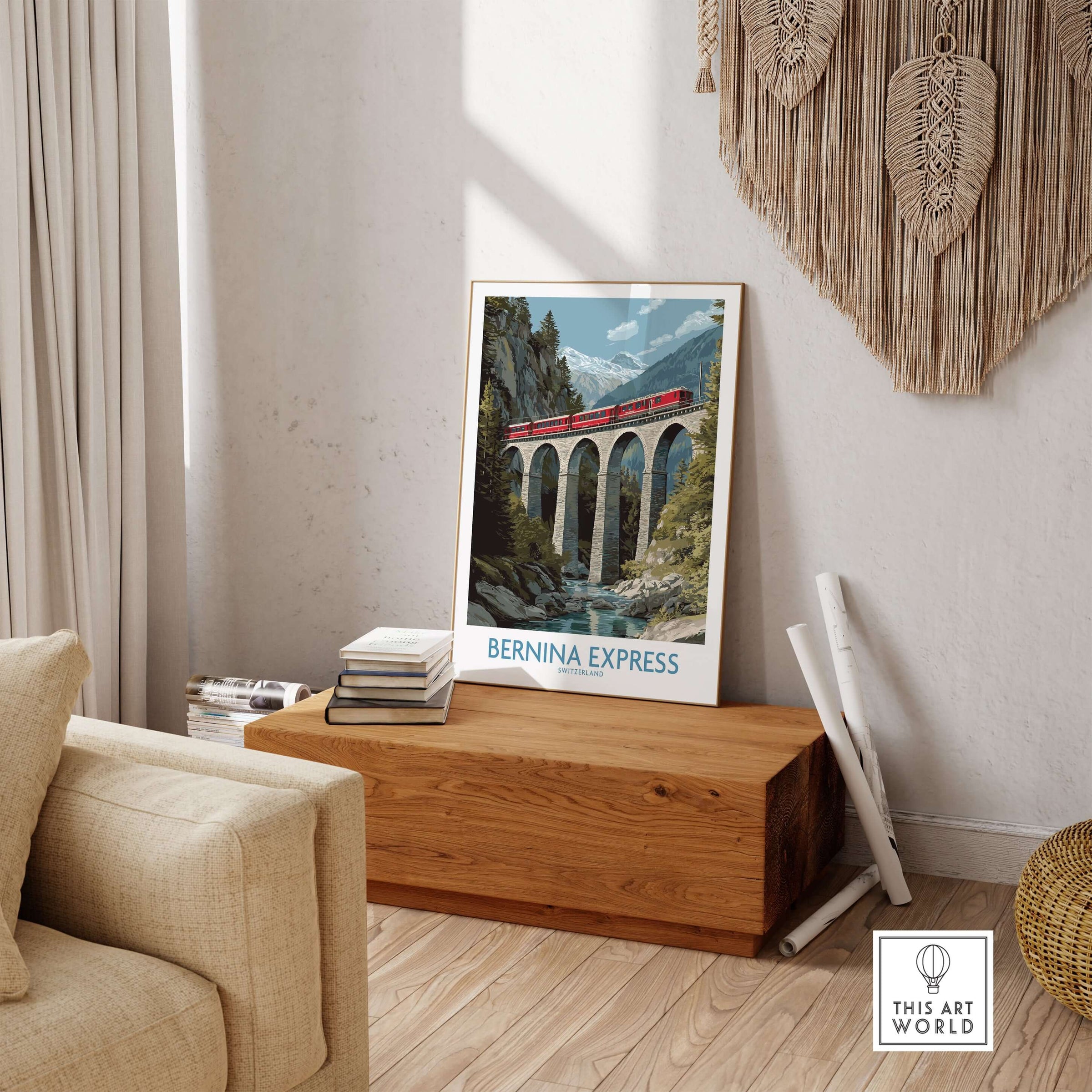 Bernina Express Switzerland Art Print | Landwasser Bridge Poster displayed in a modern living room with wooden furniture.