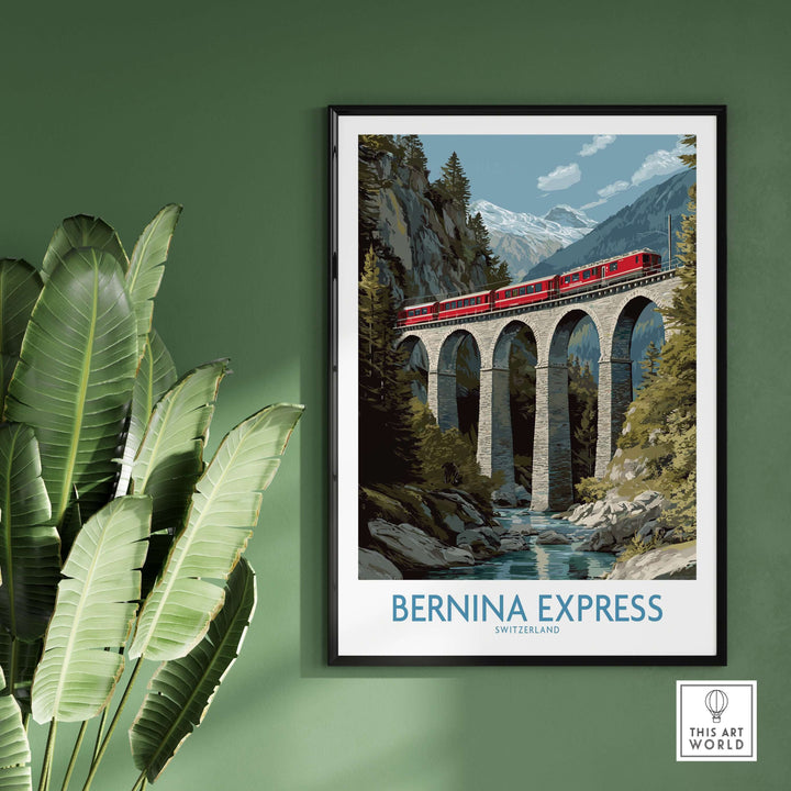 Bernina Express Switzerland Art Print | Landwasser Bridge Poster showcasing a train on a viaduct with alpine scenery.