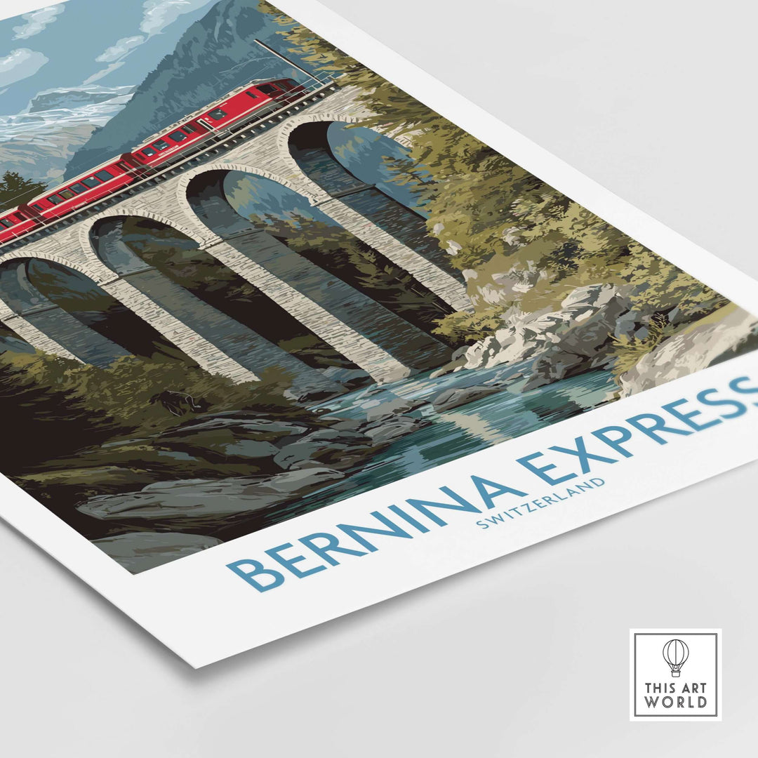 Bernina Express Switzerland Art Print | Landwasser Bridge Poster showcasing a train crossing a stone viaduct in the Alps.