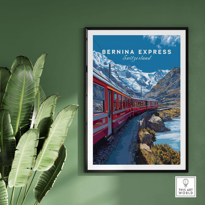 Bernina Express Poster  Swiss Alps UNESCO Route Print | Luxury Rail Wall Decor showcasing a vibrant train against mountain backdrop.