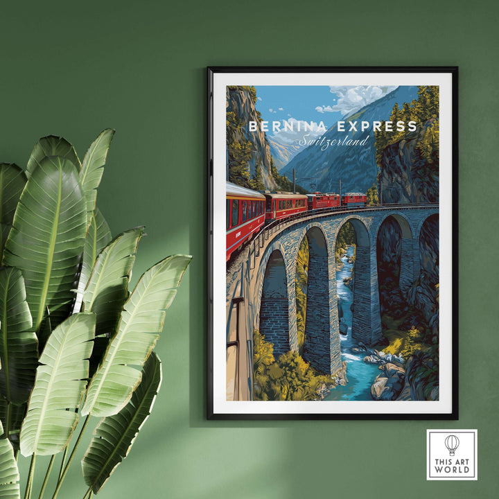 Bernina Express Print | Swiss Alps Journey Art showcasing iconic train crossing a bridge in Swiss Alps.