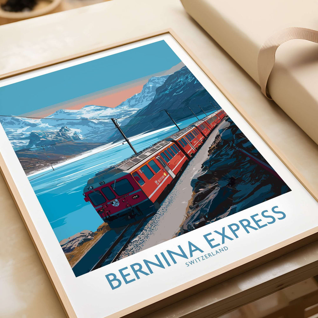 Bernina Express Poster Switzerland Train Art Print | Alpine Rail Journey Poster showcasing scenic Alps and train.