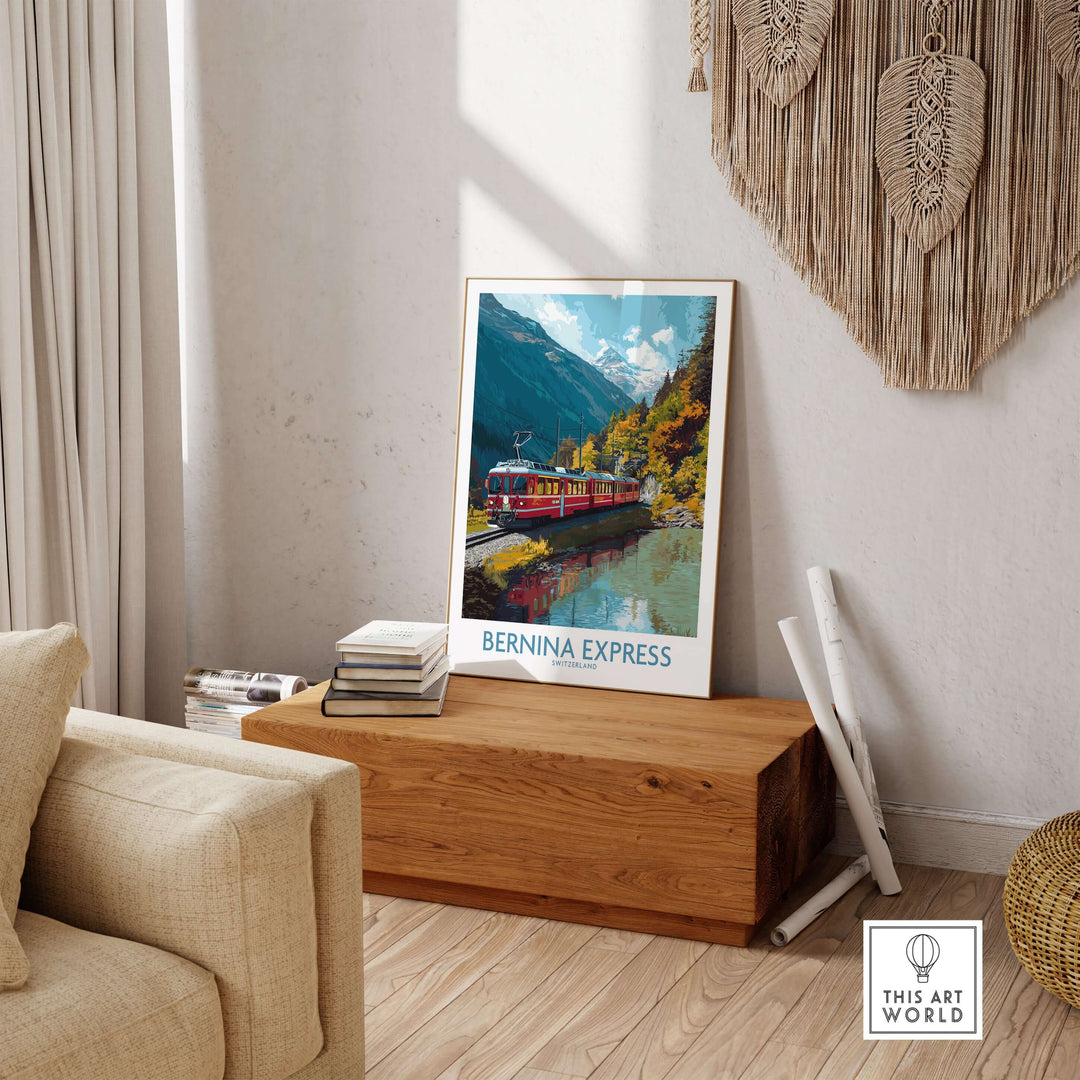 Bernina Express Train Art Print | Autumn Alps Journey Poster displayed in a cozy living room setting.