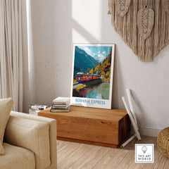 Bernina Express Train Art Print | Autumn Alps Journey Poster displayed in a cozy living room setting with nature-inspired decor.