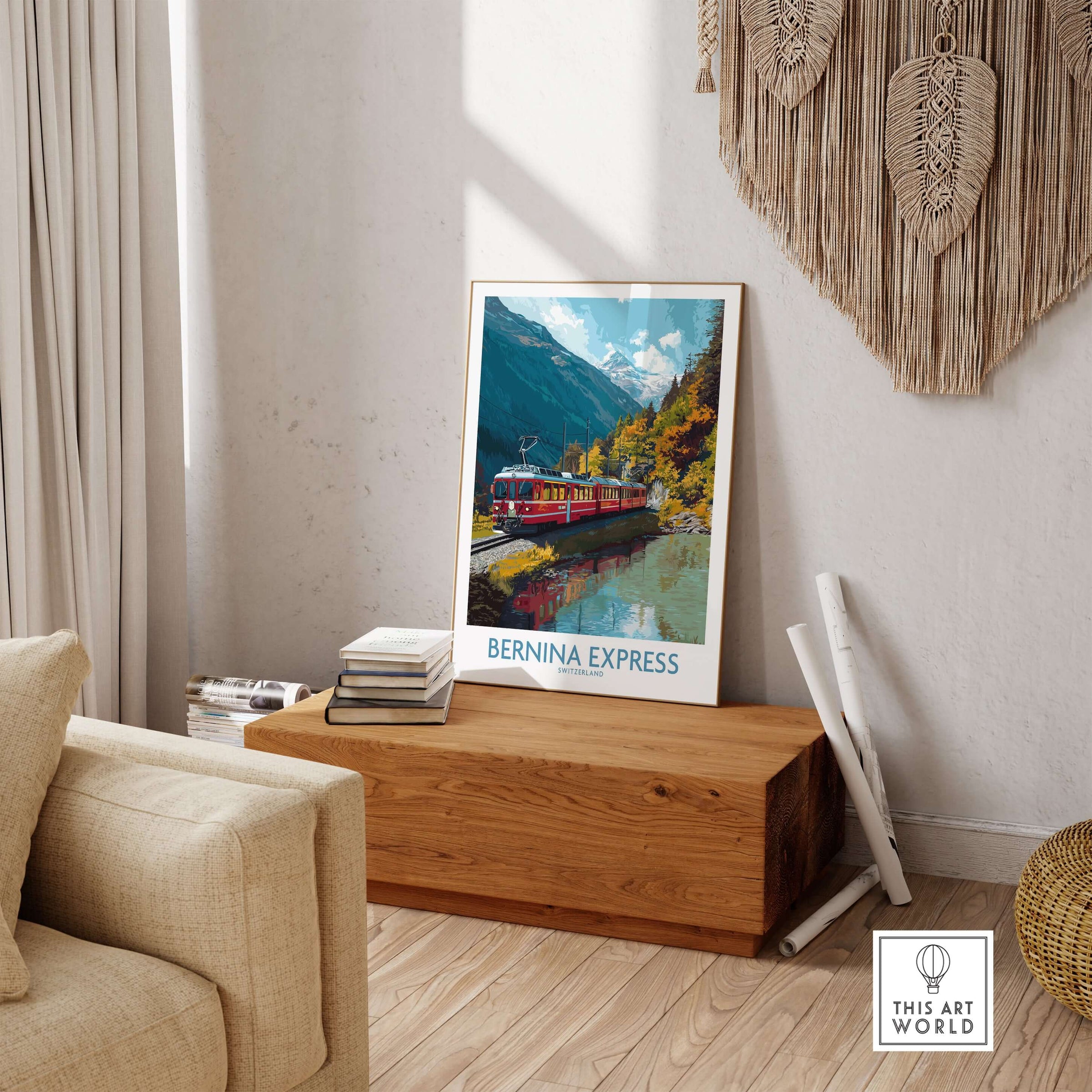 Bernina Express Train Art Print | Autumn Alps Journey Poster displayed in a cozy living room setting with nature-inspired decor.