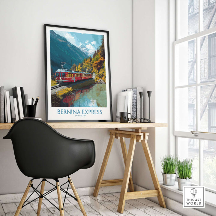 Bernina Express Train Art Print | Autumn Alps Journey Poster displayed in a modern workspace with a scenic backdrop.