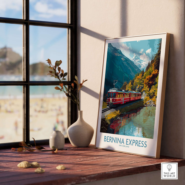 Bernina Express Train Art Print | Autumn Alps Journey Poster displayed on a wooden table near a window.