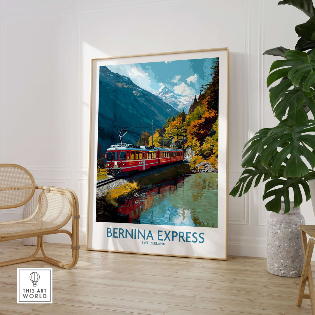 Bernina Express Train Art Print | Autumn Alps Journey Poster in a stylish interior setting with a mountain backdrop.
