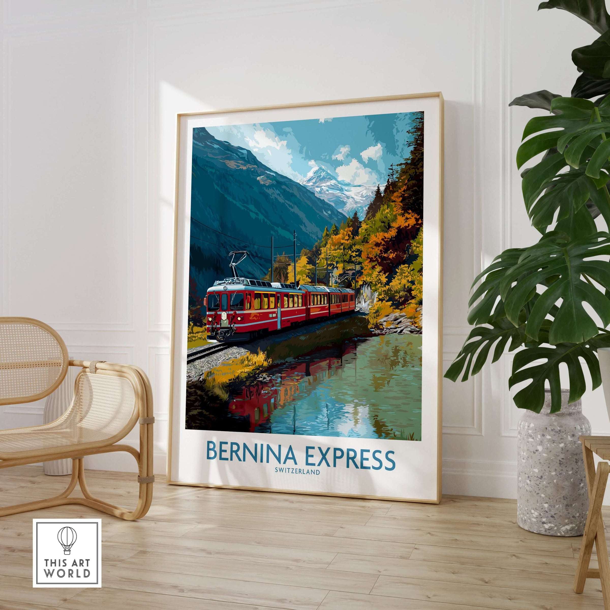 Bernina Express Train Art Print | Autumn Alps Journey Poster featuring a vibrant train in stunning mountain scenery.