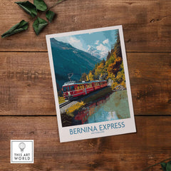 Bernina Express Train Art Print | Autumn Alps Journey Poster showcasing a vibrant train in stunning autumn scenery.