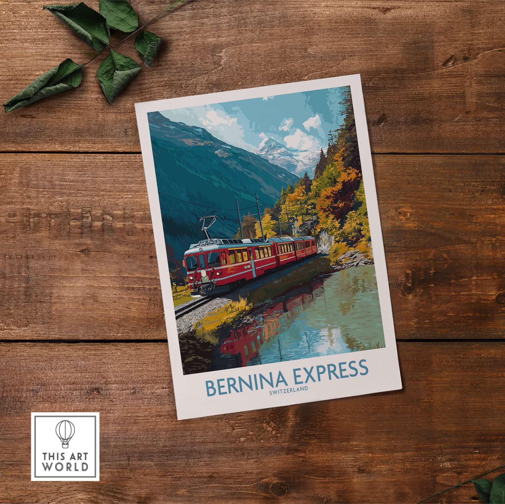 Bernina Express Train Art Print | Autumn Alps Journey Poster showcasing a vibrant train in stunning autumn scenery.