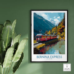 Bernina Express Train Art Print | Autumn Alps Journey Poster showcasing the train in the mountains with vibrant autumn colors.