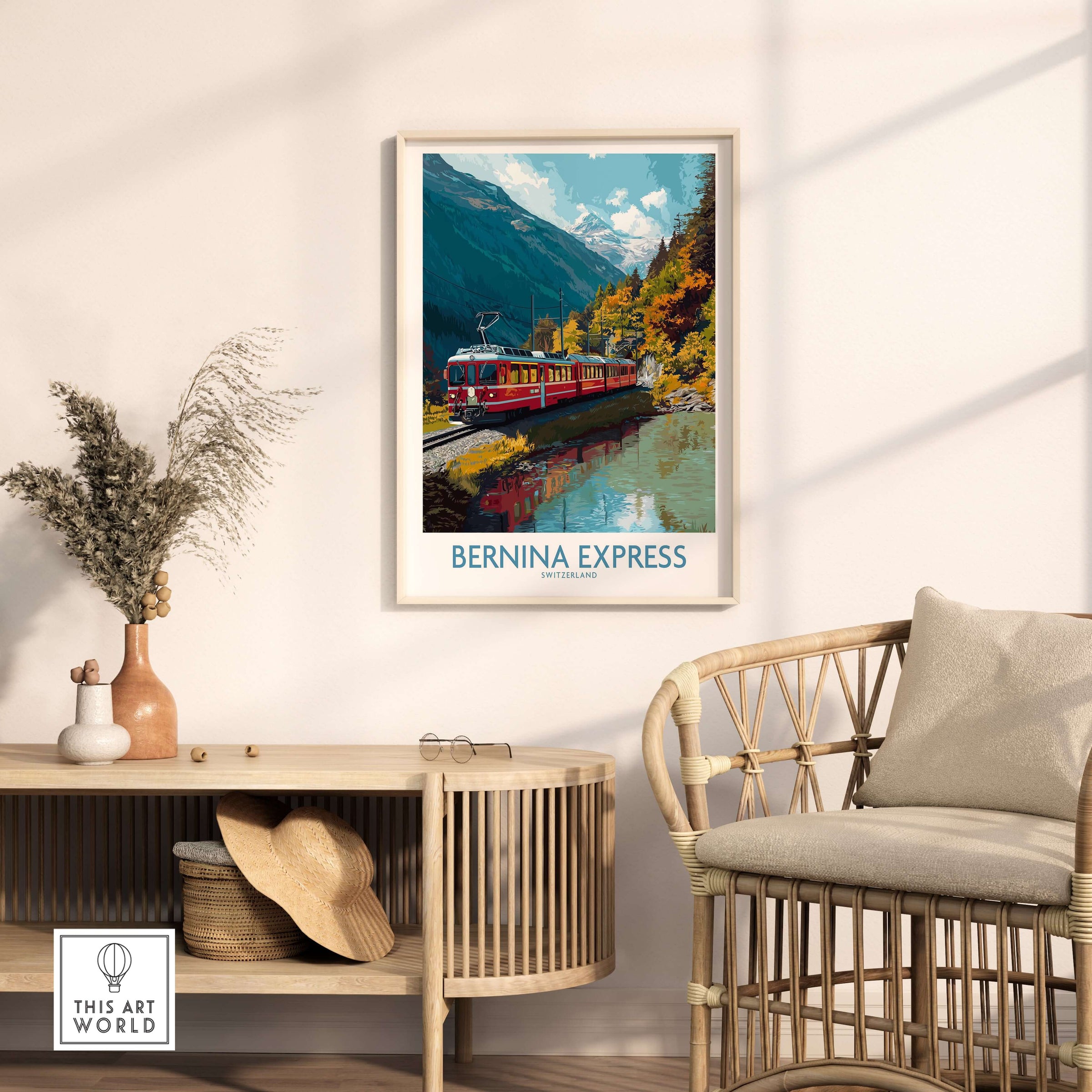 Bernina Express Train Art Print | Autumn Alps Journey Poster featuring a vibrant train along a serene alpine lake.