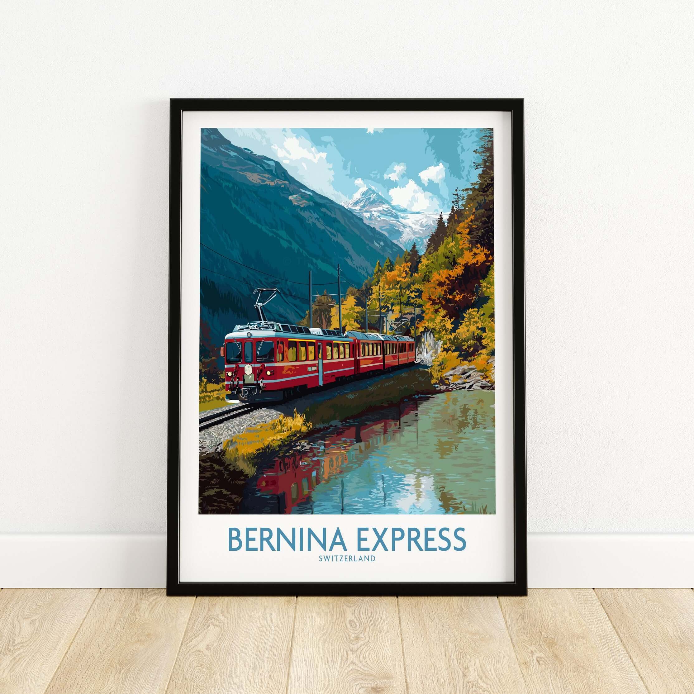 Bernina Express Train Art Print | Autumn Alps Journey Poster featuring a scenic train by a mountain lake.
