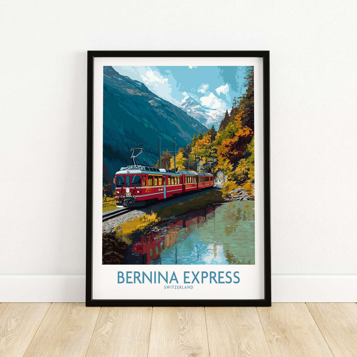 Bernina Express Train Art Print | Autumn Alps Journey Poster featuring vibrant train in scenic landscape.