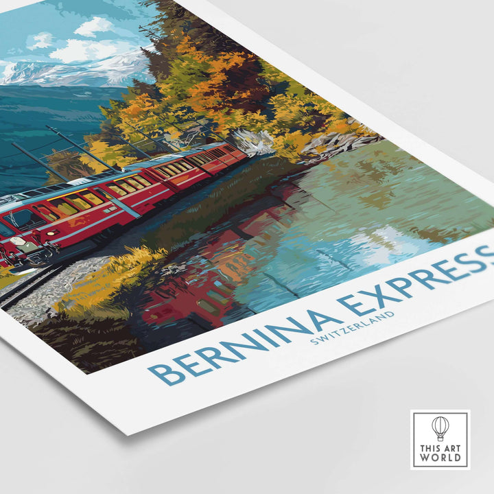Bernina Express Train Art Print | Autumn Alps Journey Poster featuring a scenic train by a vibrant autumn landscape.