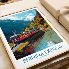 Bernina Express Train Art Print | Autumn Alps Journey Poster showcasing a train amid vibrant alpine scenery.