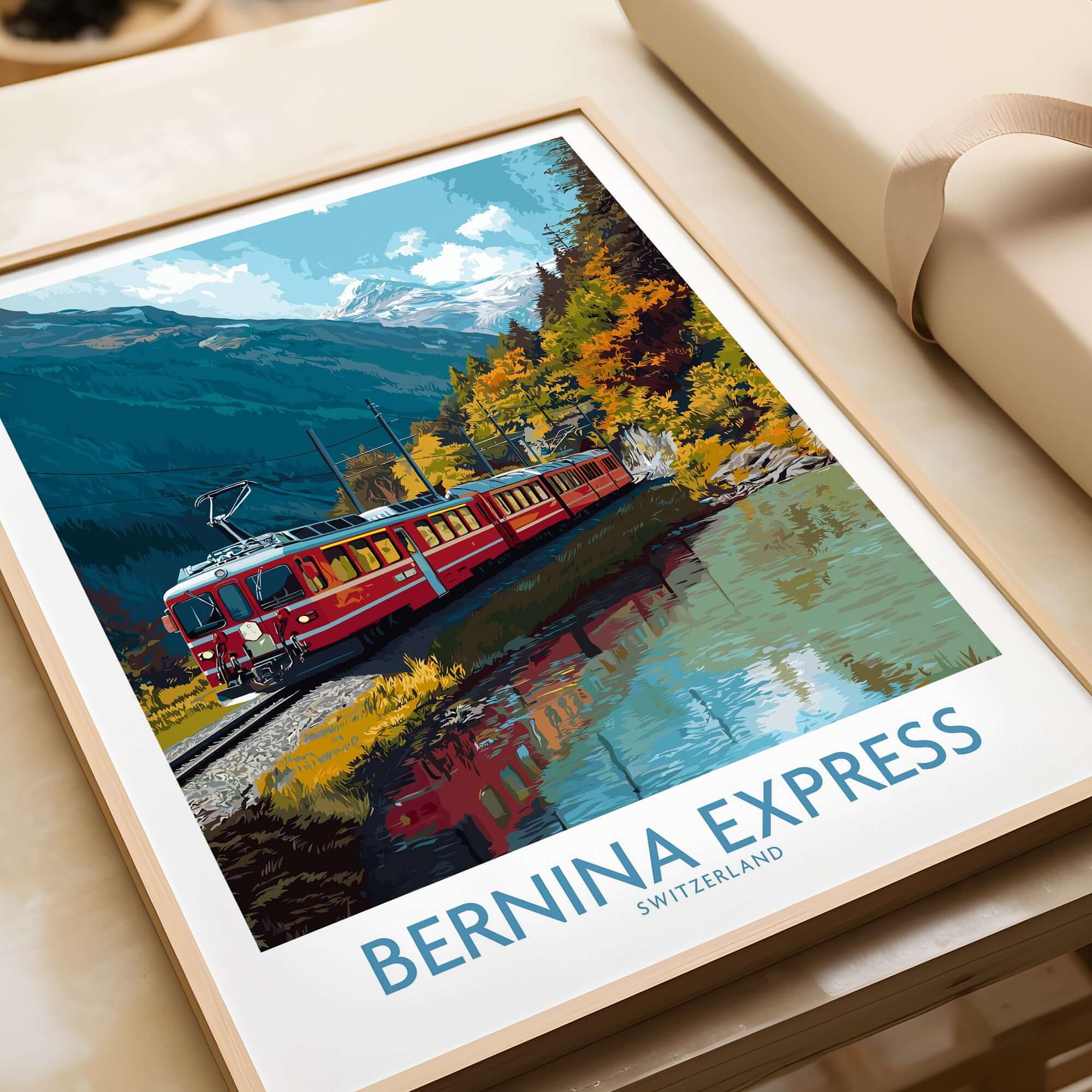 Bernina Express Train Art Print | Autumn Alps Journey Poster showcasing a train amid vibrant alpine scenery.
