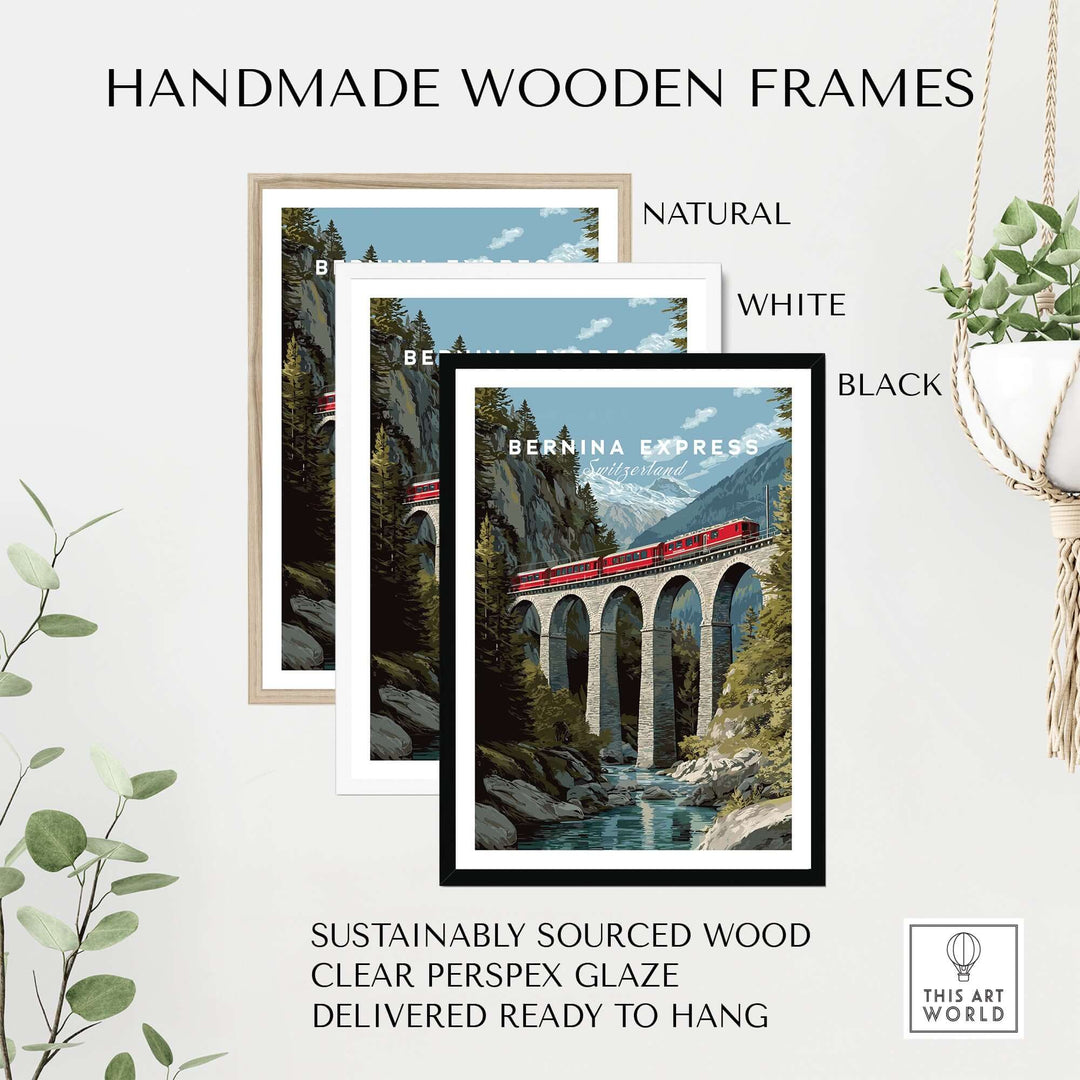 Bernina Express Print | Swiss Alps Travel Decor in handmade wooden frames, showcasing natural, white, and black options.
