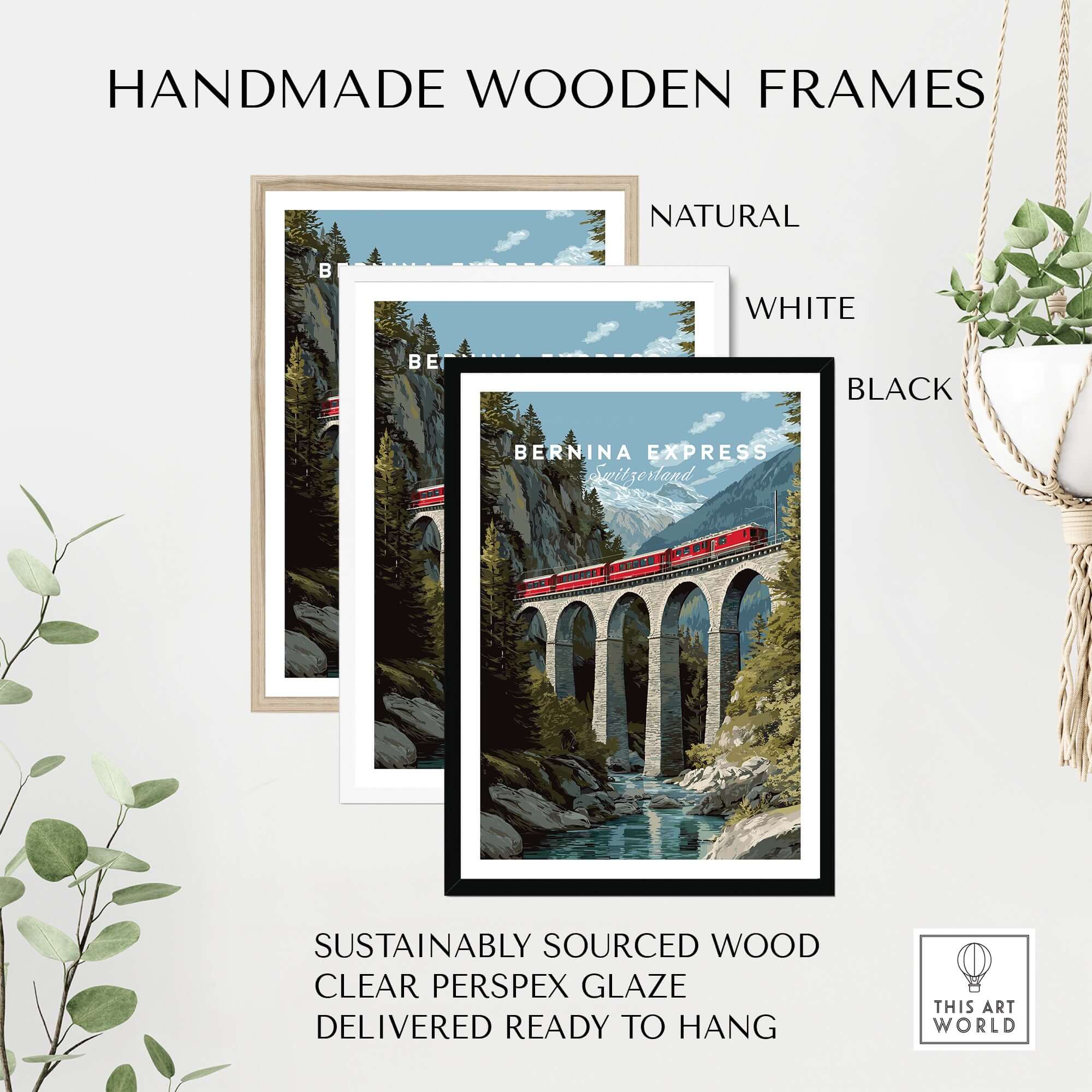 Handmade wooden frames showcasing the Bernina Express Print | Swiss Alps Travel Decor with natural, white, and black options.