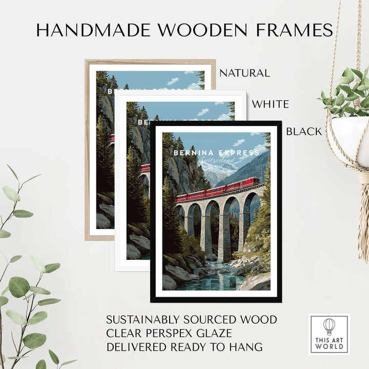 Bernina Express Print | Swiss Alps Travel Decor in handmade wooden frames, showcasing natural, white, and black options.