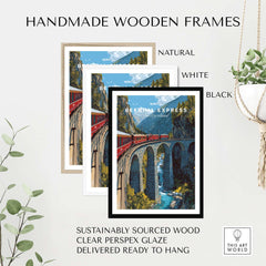 Handmade wooden frames for Bernina Express Print | Swiss Alps Journey Art in natural, white, and black finishes.