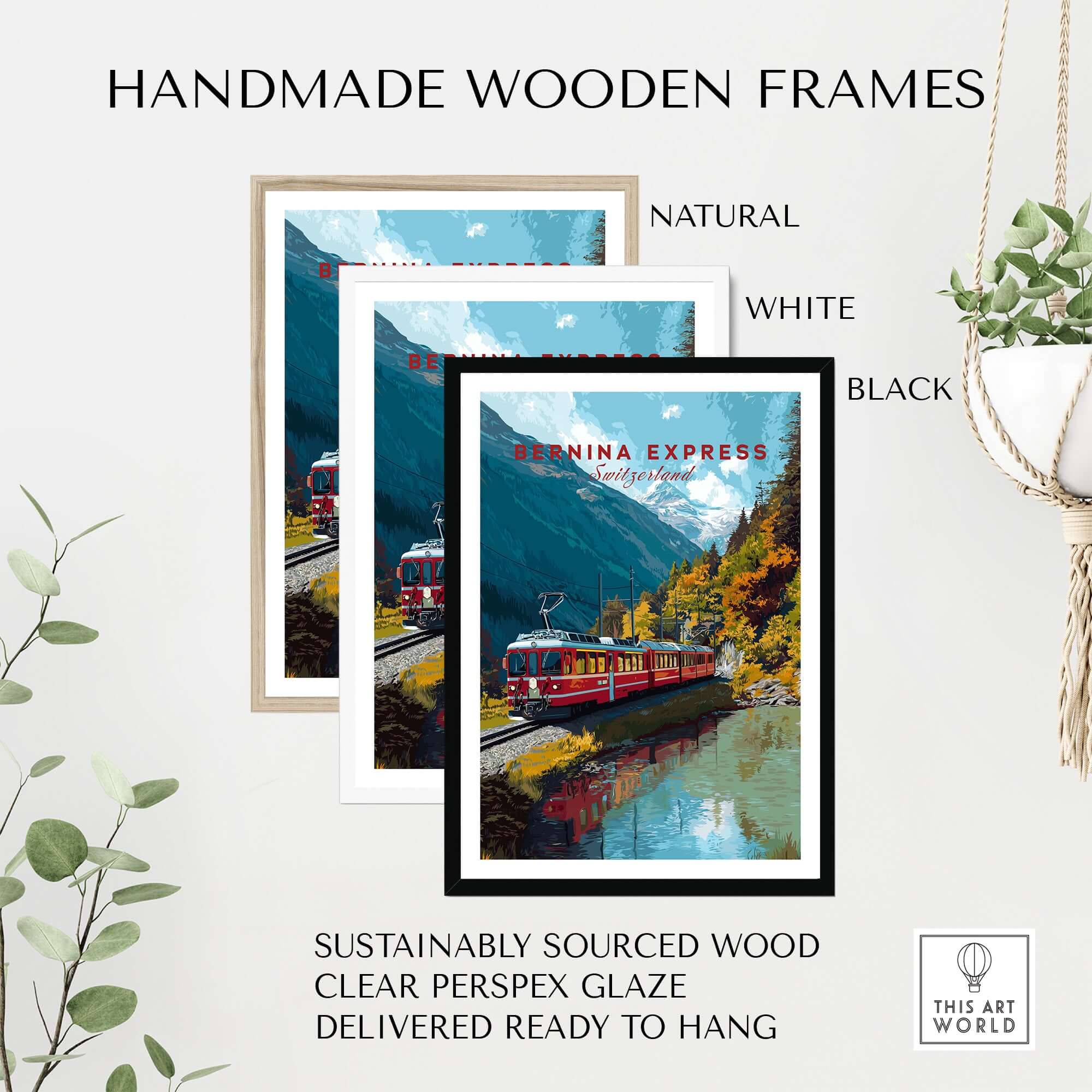 Bernina Express Print | Swiss Mountain Wall Art framed in handmade wooden frames in natural, white, and black finishes.