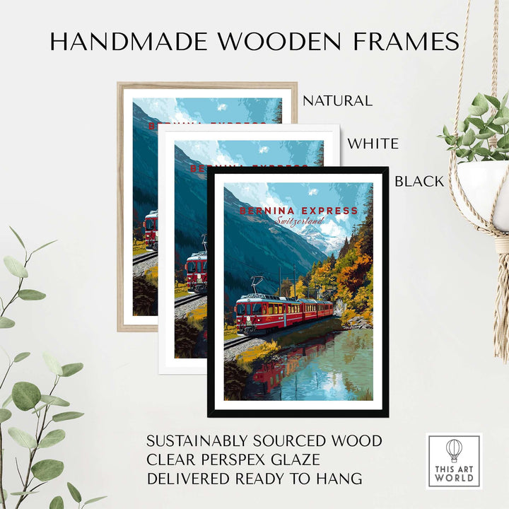 Bernina Express Print | Swiss Mountain Wall Art displayed in handmade wooden frames of natural, white, and black colors.